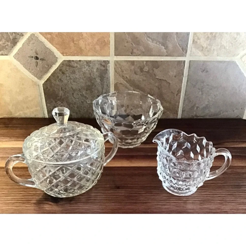 Vintage Clear Pressed Glass Creamer Sugar Bowl Extra‎ Bowl Set Trad Mid-Century